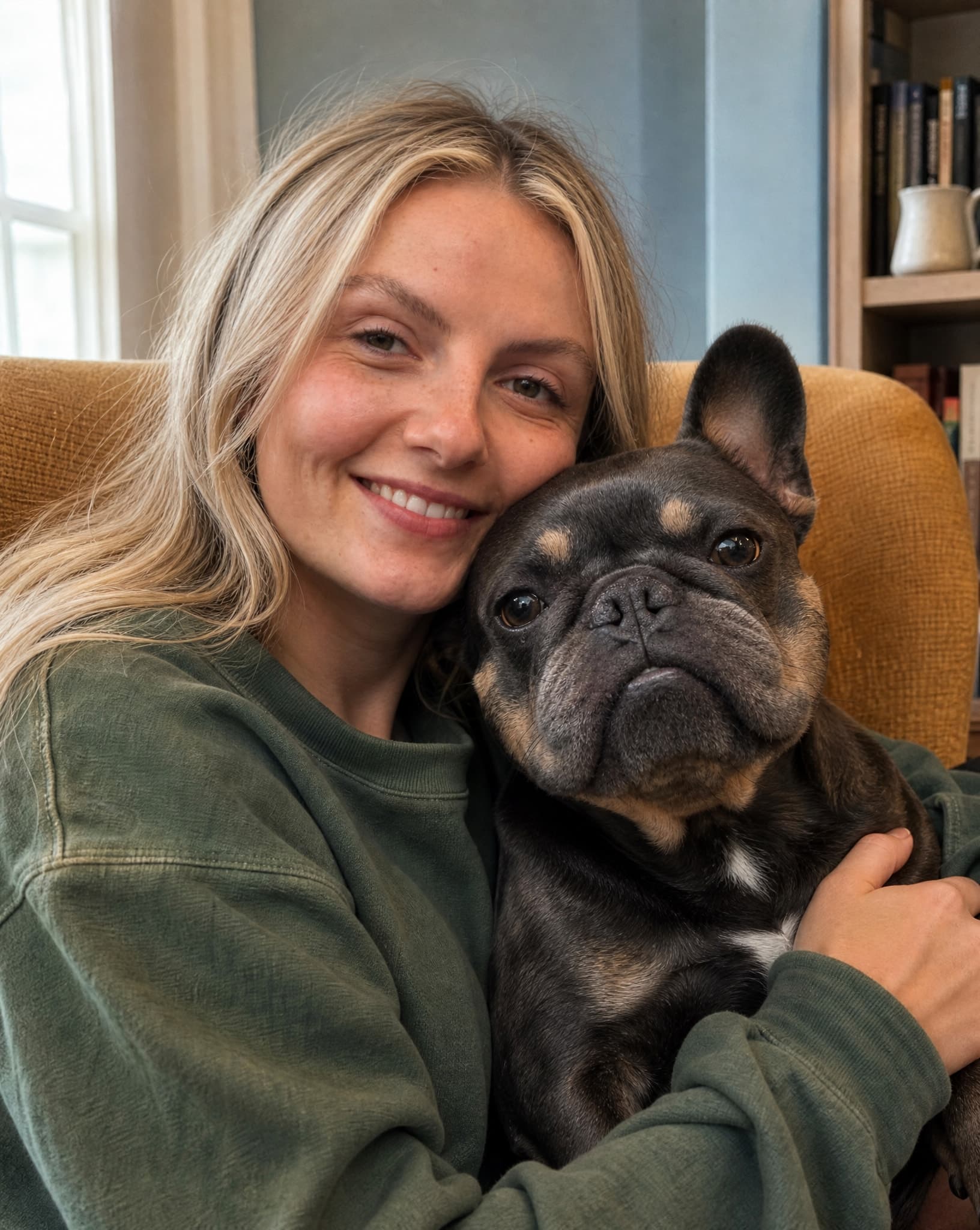 A woman cuddling her French bulldog in a cozy armchair