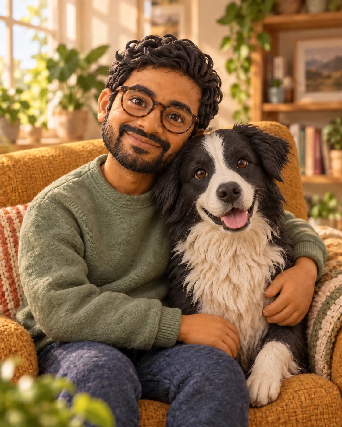 A handmade clay portrait of a man with glasses and his black-and-white border collie