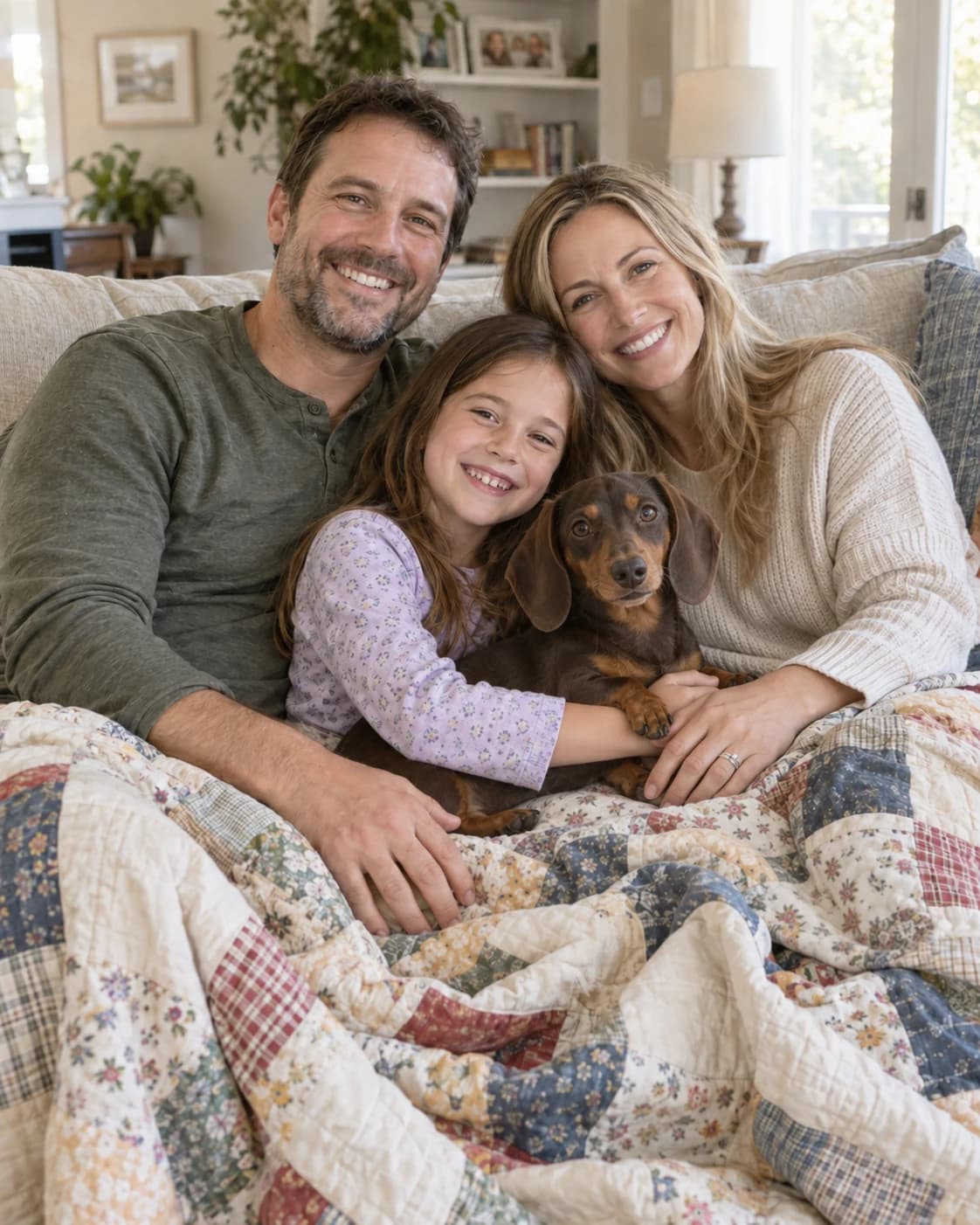 A family cuddling their chocolate-and-tan dachshund under a quilt