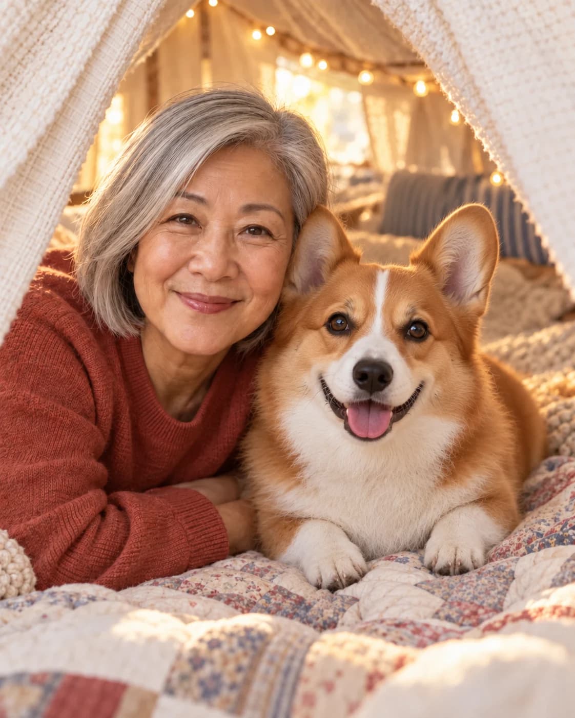 A silver-haired woman and a corgi together inside a cozy blanket fort
