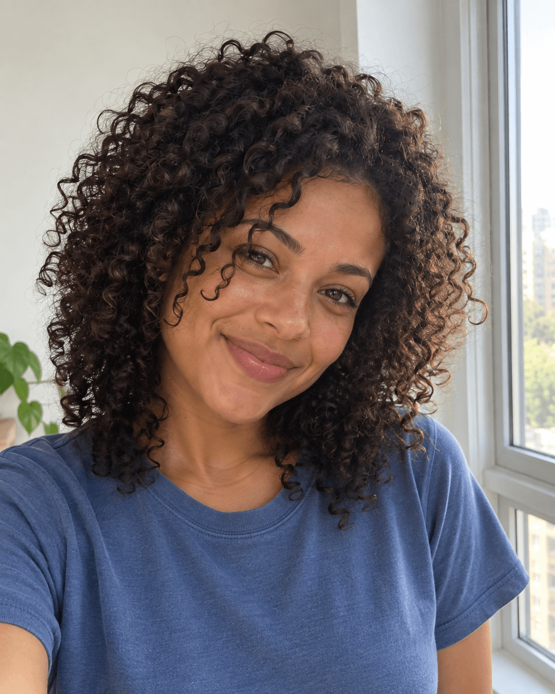 Illustrative snapshot of a woman with dark curly hair by a window
