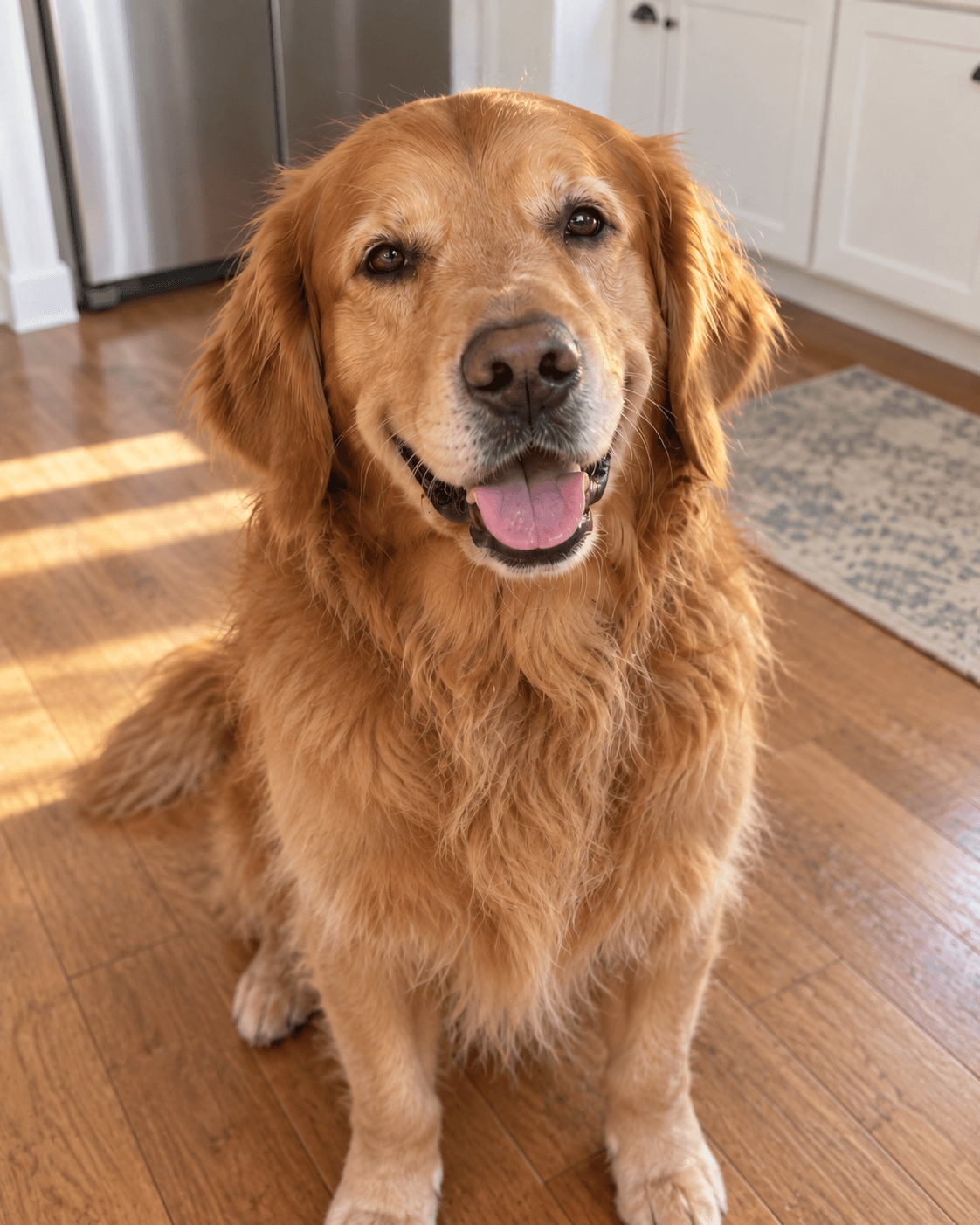 Illustrative snapshot of a golden retriever sitting in a kitchen