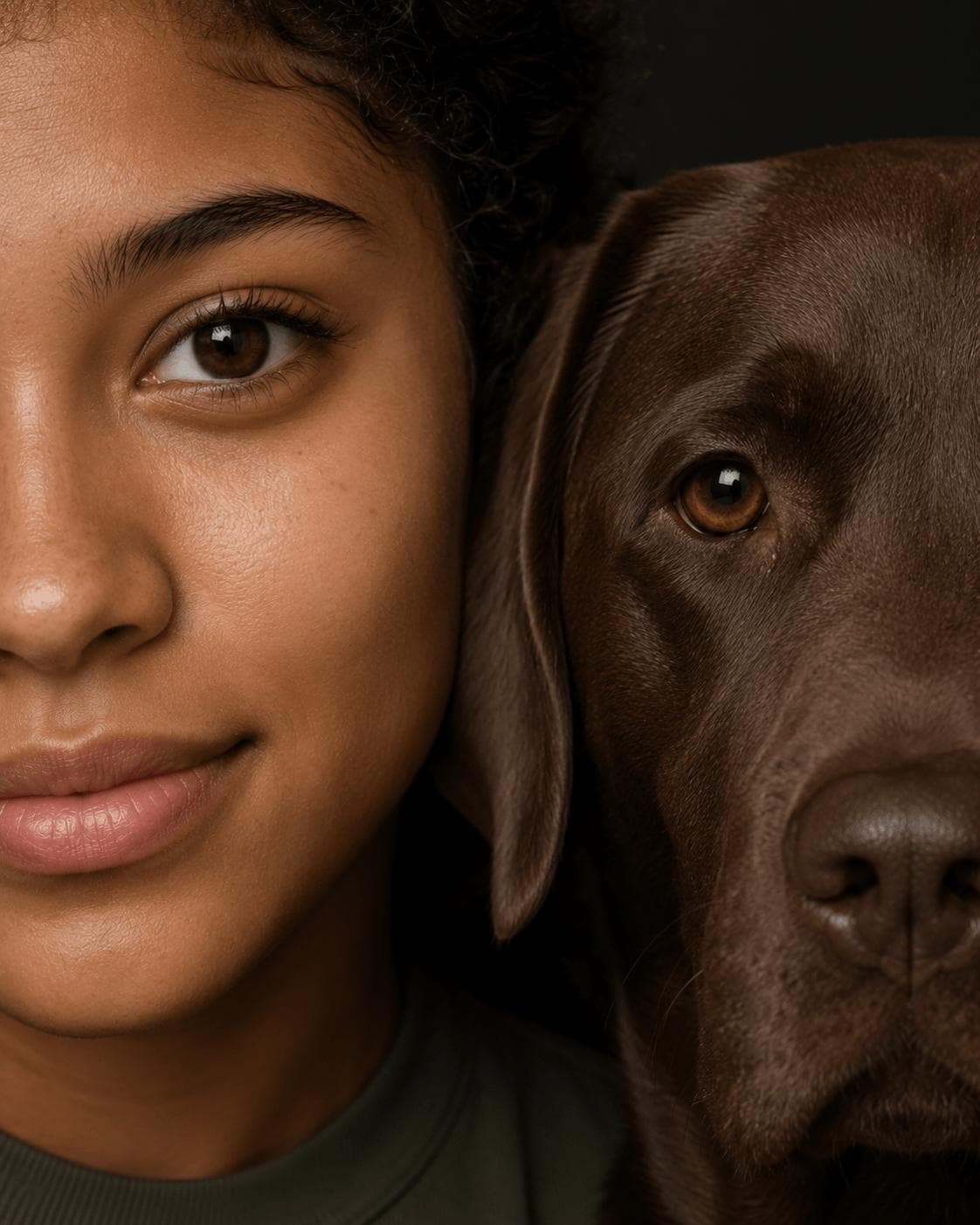 Studio portrait of a person beside their golden retriever
