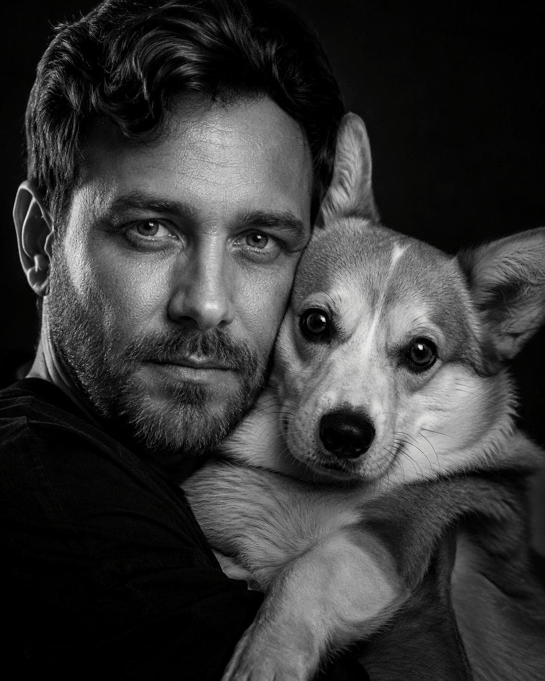 Black-and-white studio portrait of a person beside their corgi