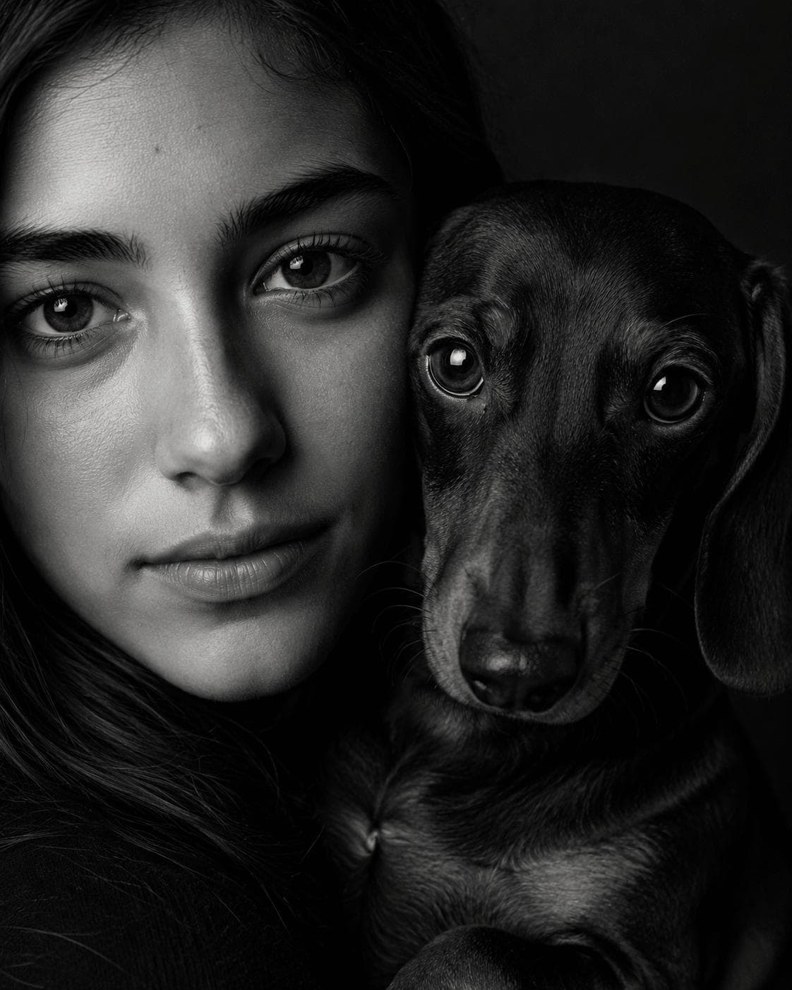 Black-and-white studio portrait of a person beside their dachshund