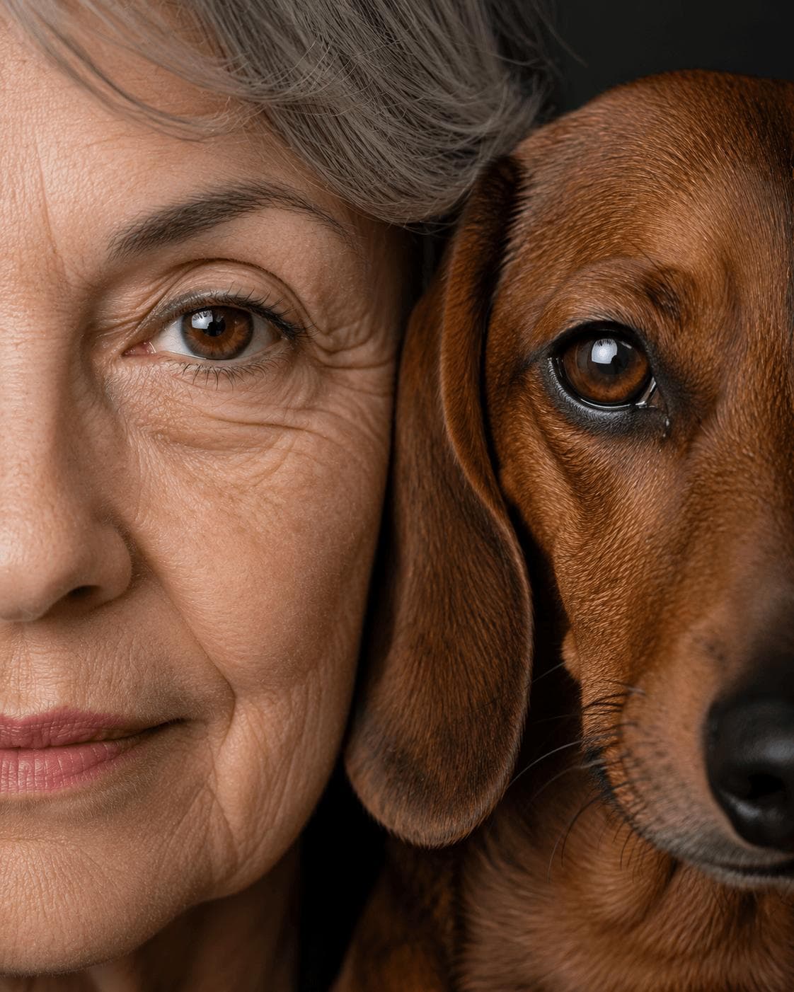 Studio portrait of a person beside their dachshund