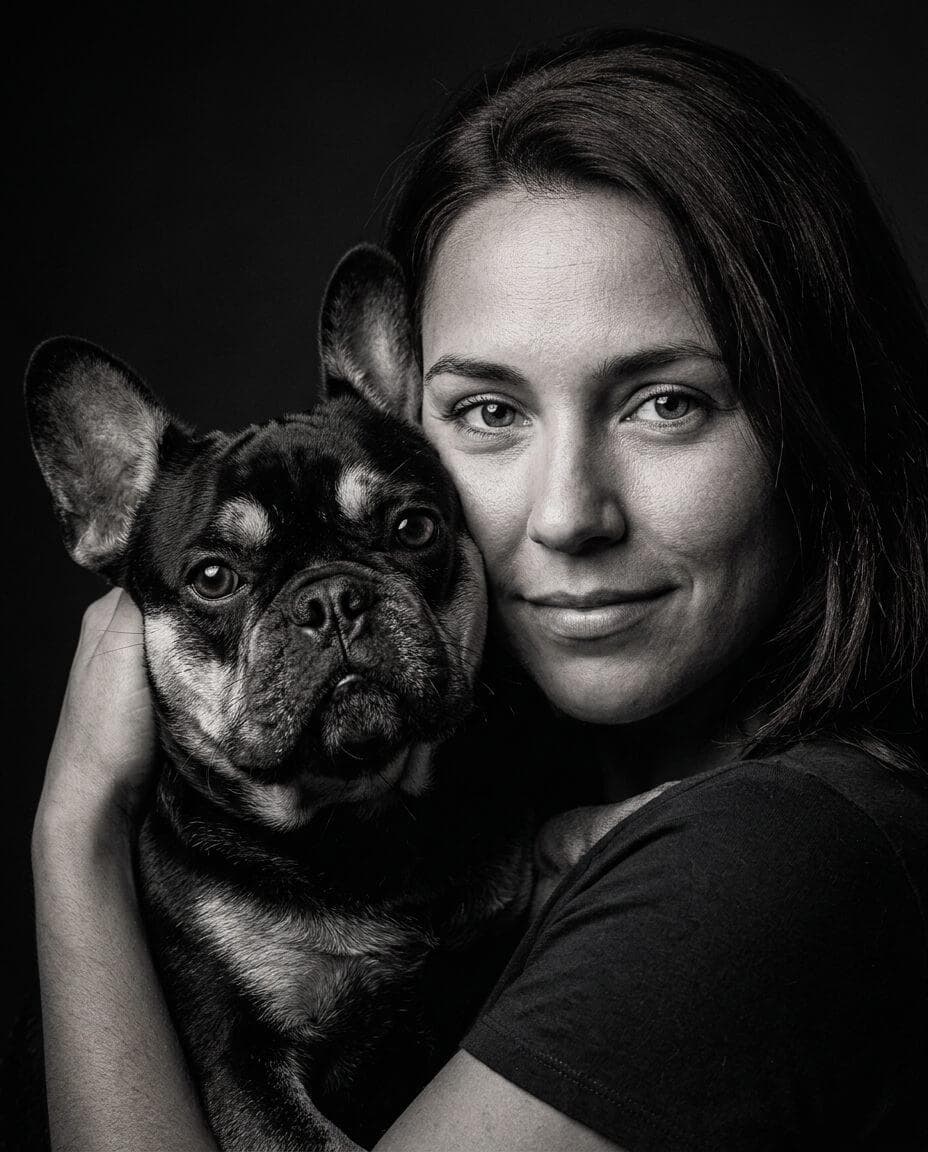 Black-and-white studio portrait of a person beside their french bulldog