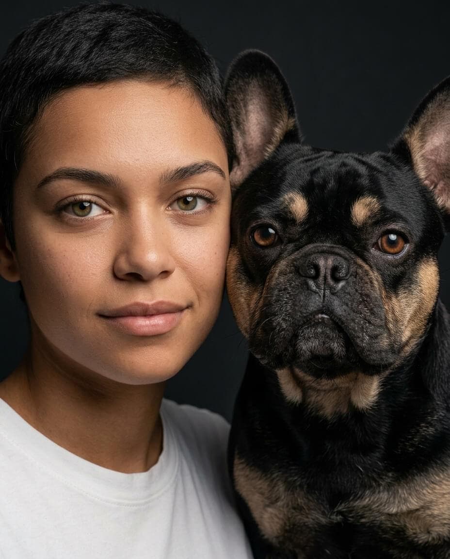 Studio portrait of a person beside their french bulldog
