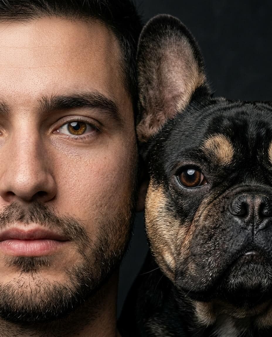 Studio portrait of a person beside their french bulldog