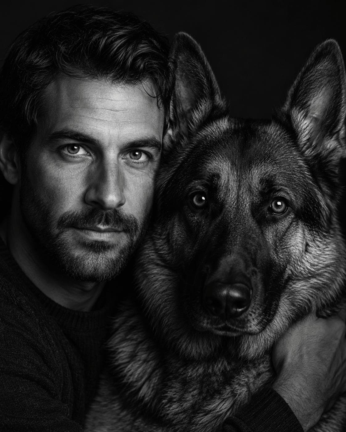 Black-and-white studio portrait of a person beside their german shepherd