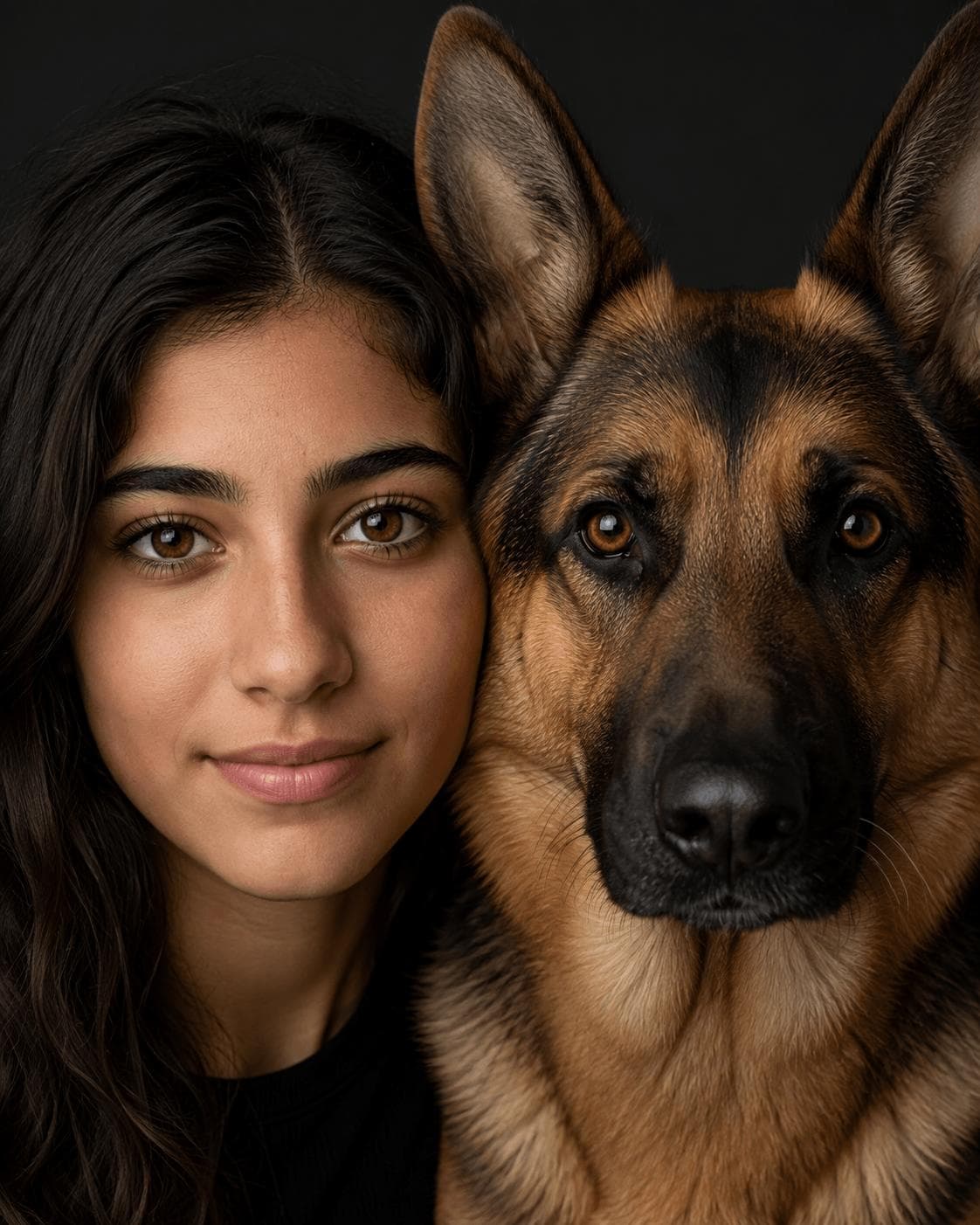 Studio portrait of a person beside their german shepherd