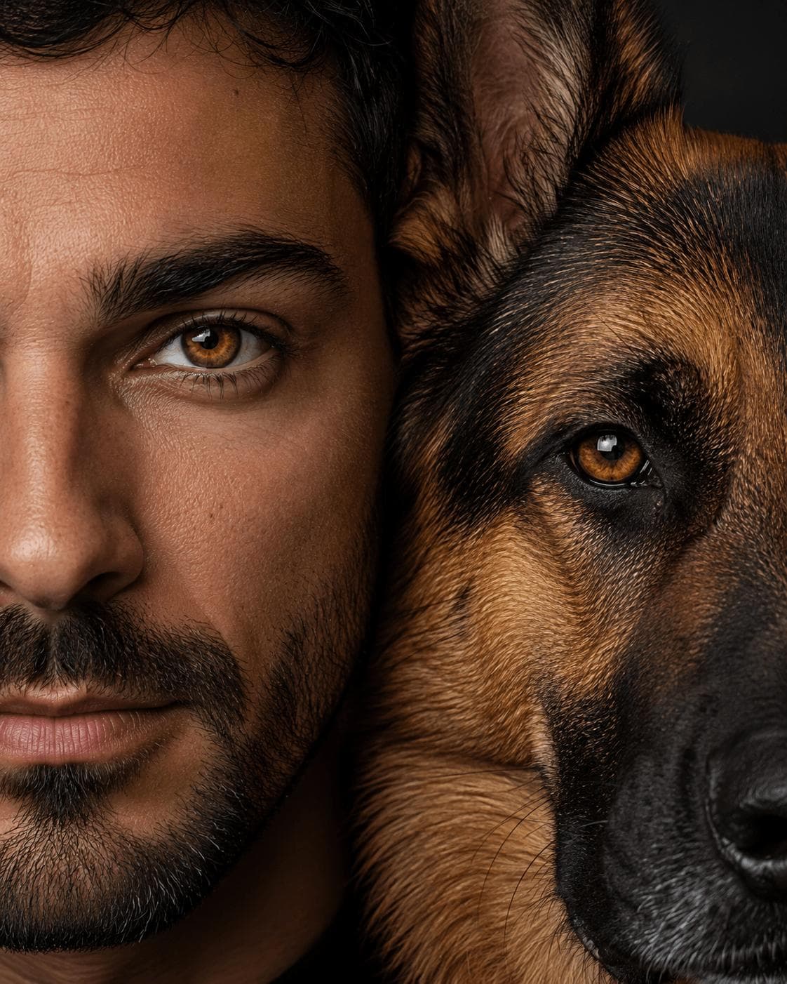 Studio portrait of a person beside their german shepherd