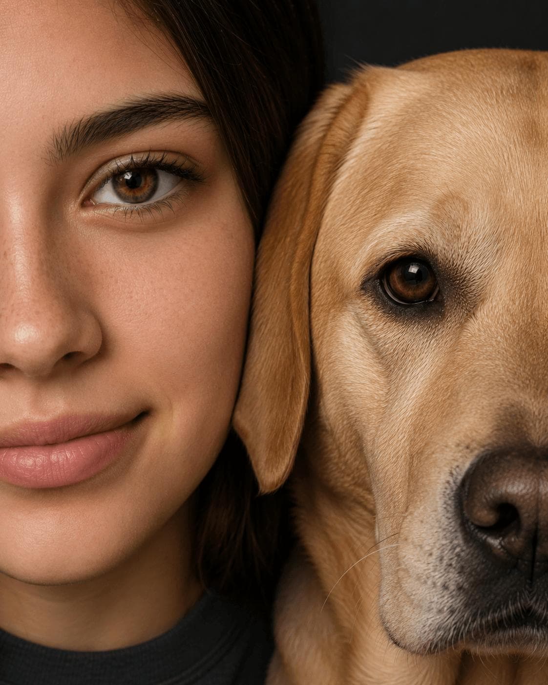 Studio portrait of a person beside their golden retriever