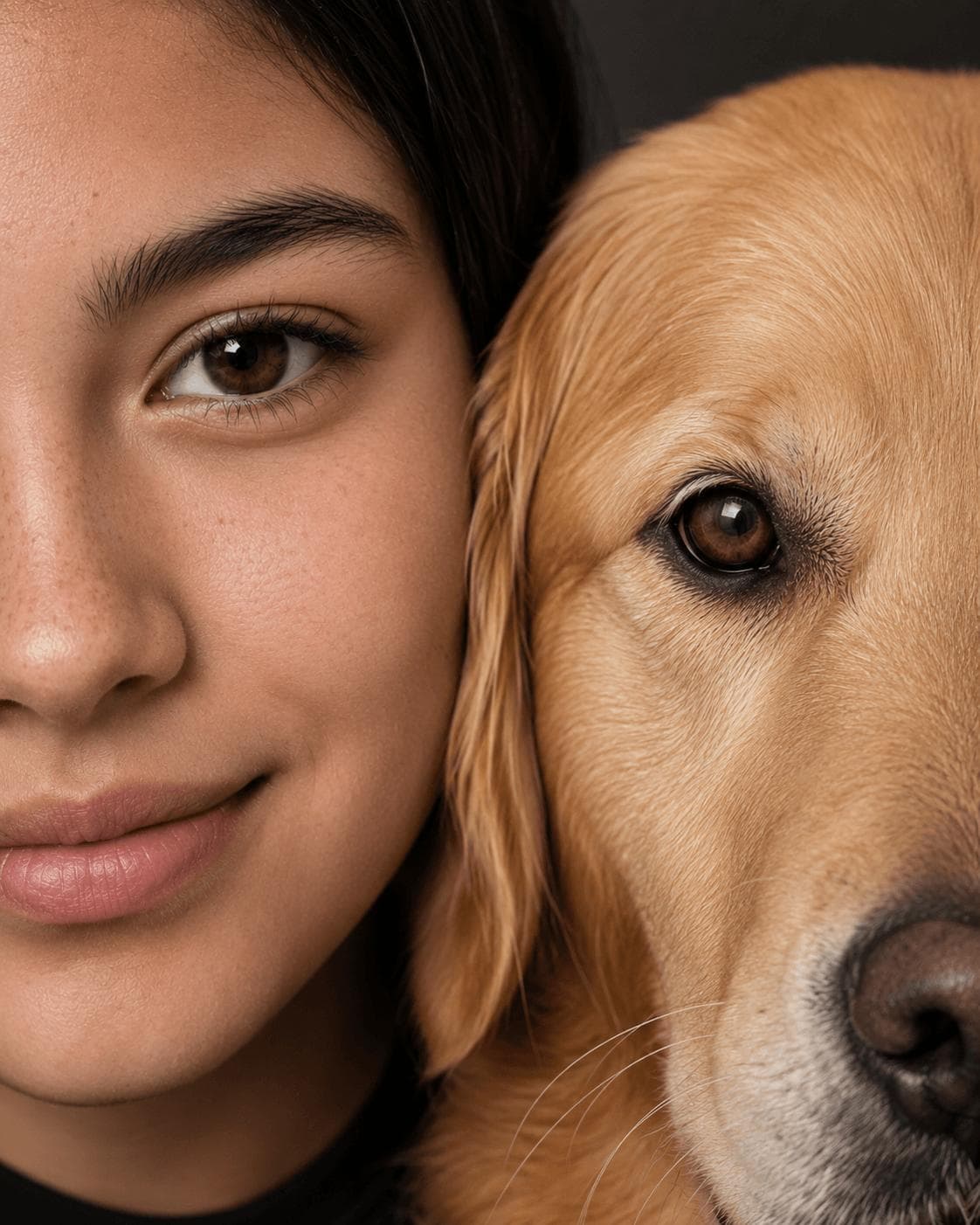Studio portrait of a person beside their golden retriever