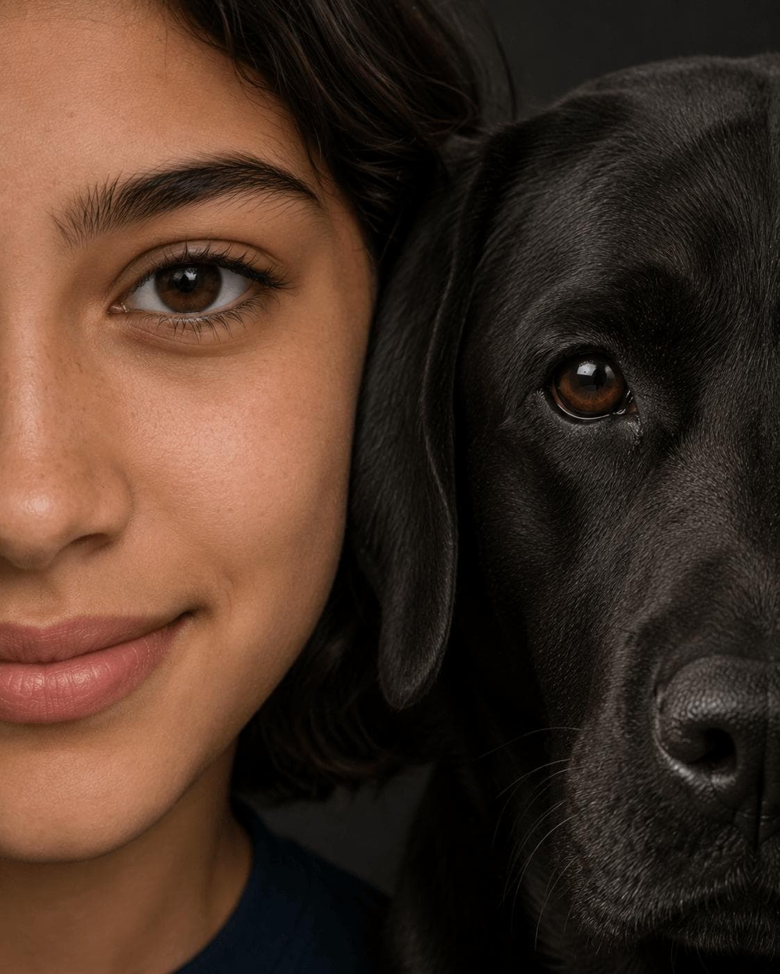 Studio portrait of a person beside their labrador