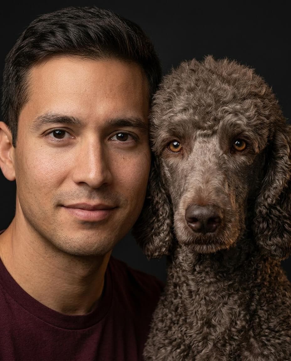 Studio portrait of a person beside their poodle