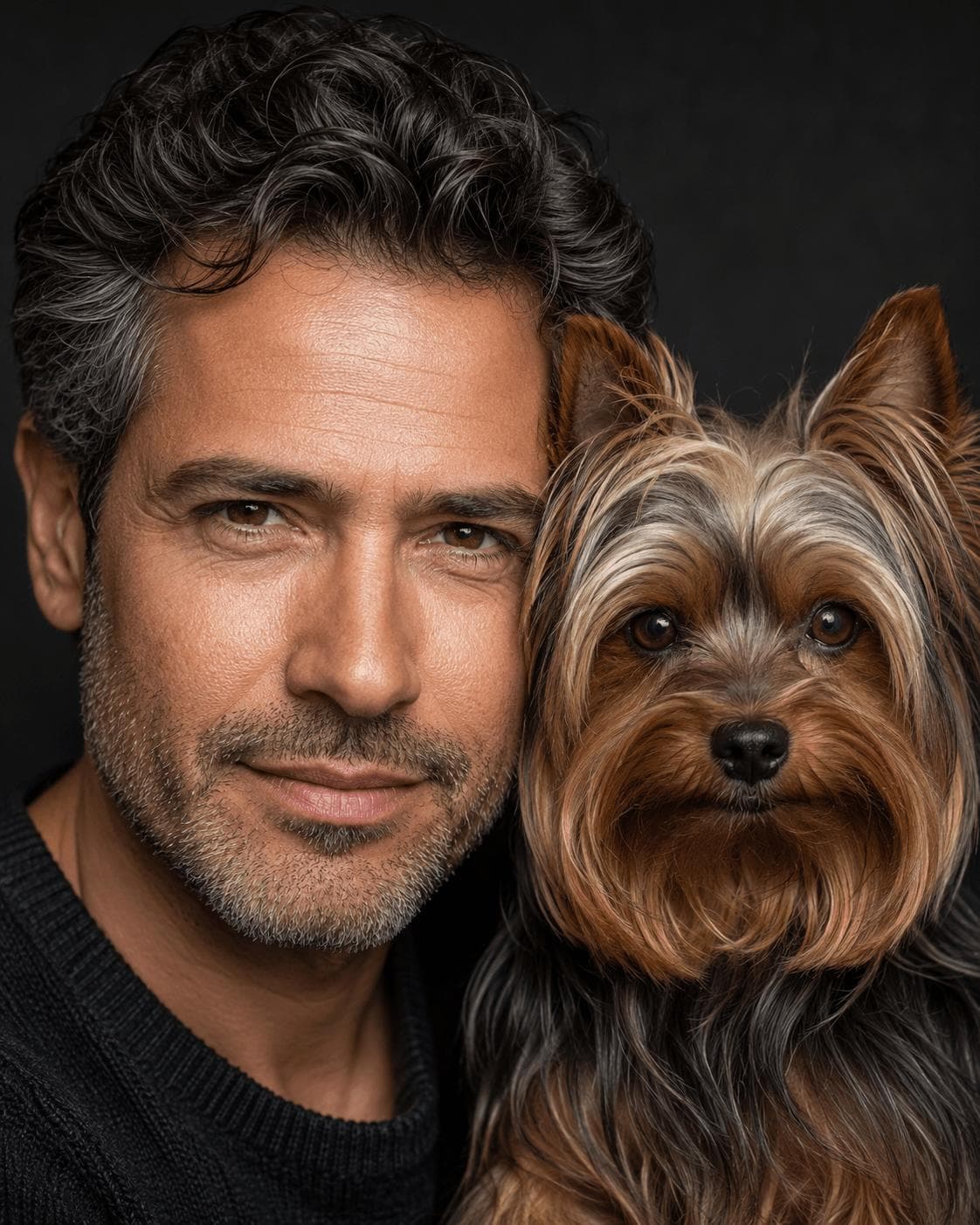 Studio portrait of a person beside their yorkshire terrier