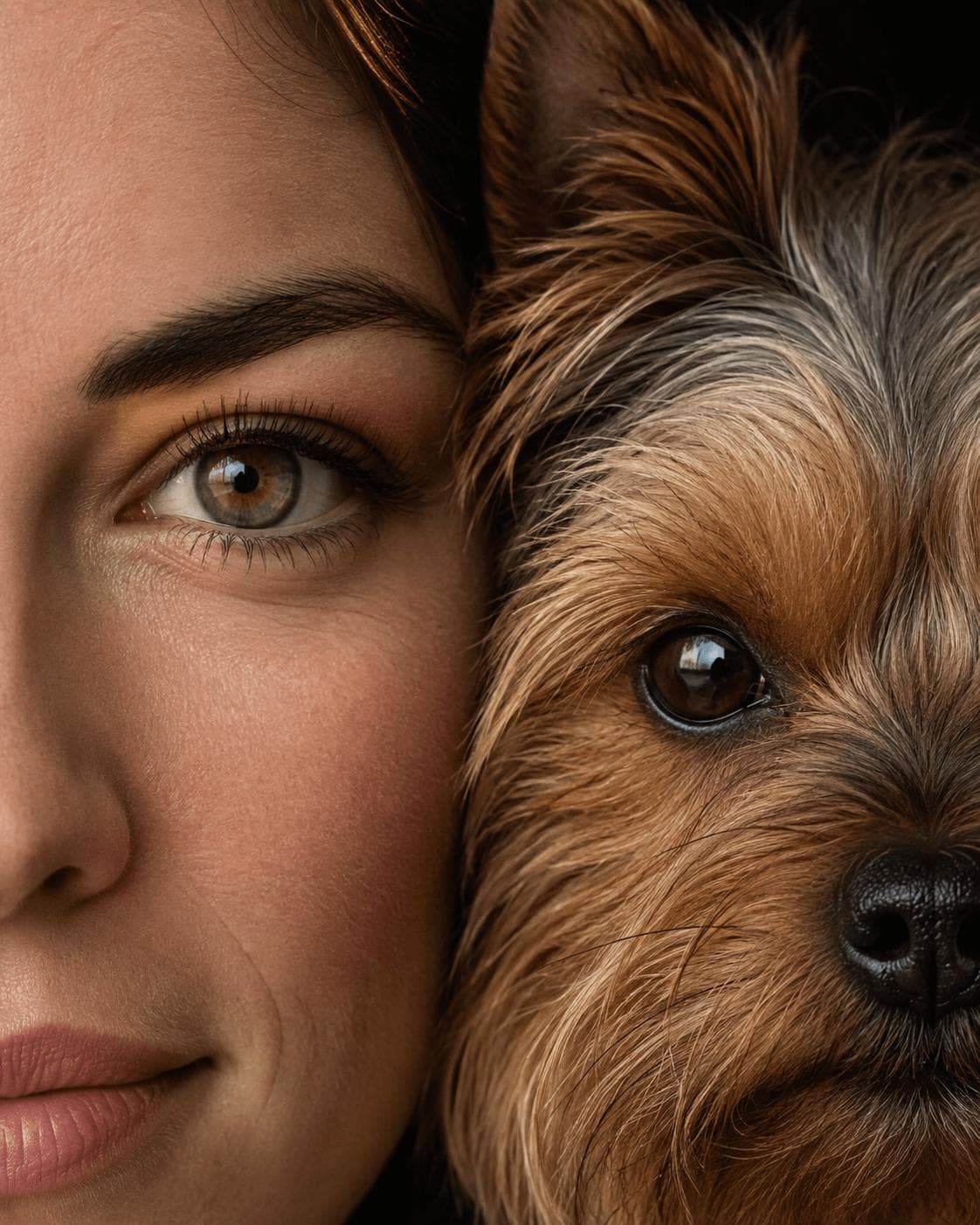 Studio portrait of a person beside their yorkshire terrier