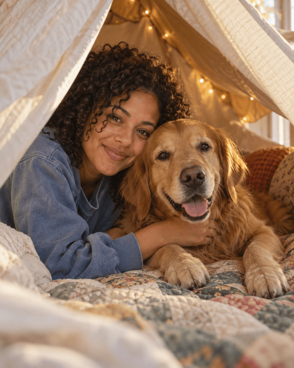 The woman and golden retriever together inside a cozy blanket fort