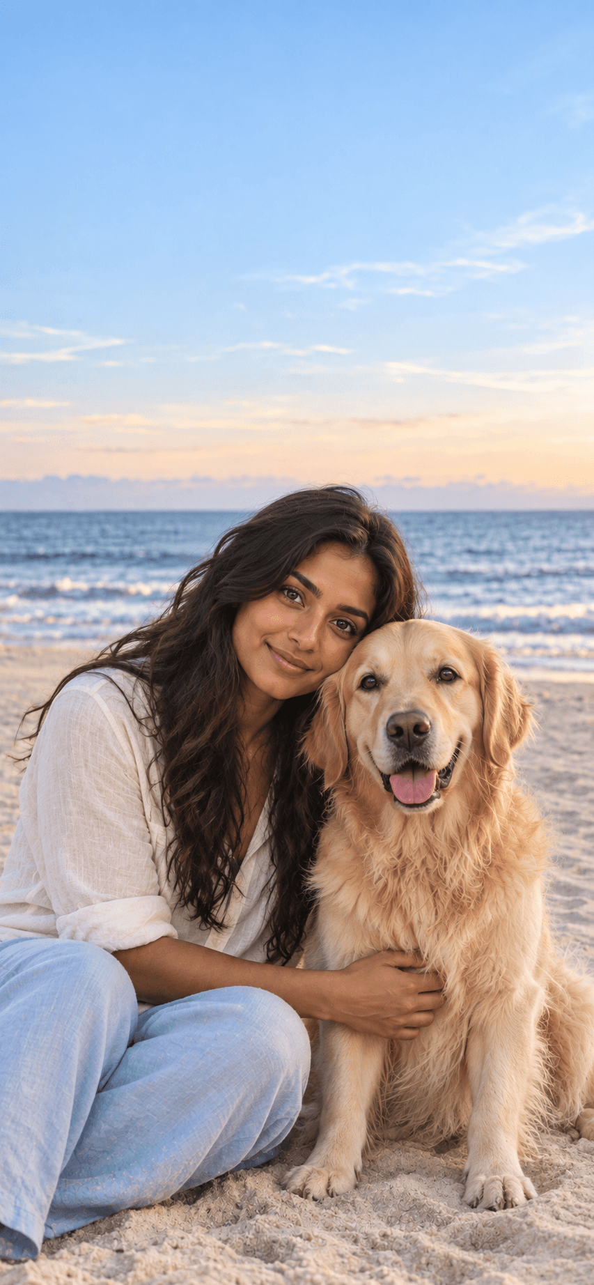 A dark-haired woman and her golden retriever on the beach at sunset