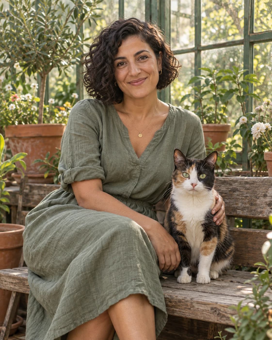 A woman in a sage dress and a calico cat looking at the camera inside a leafy greenhouse