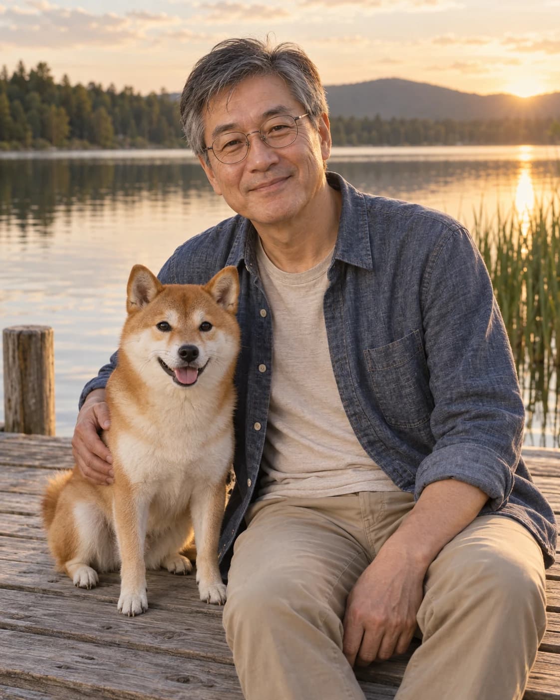 A silver-haired man with glasses and a Shiba Inu looking at the camera on a lakeside dock