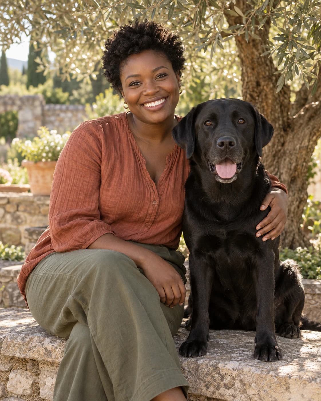 A smiling woman with short natural curls and a black Labrador beneath an olive tree