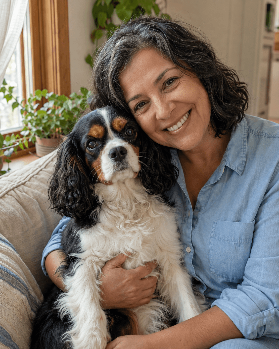 A smiling woman and her spaniel cuddling on a sunny window seat